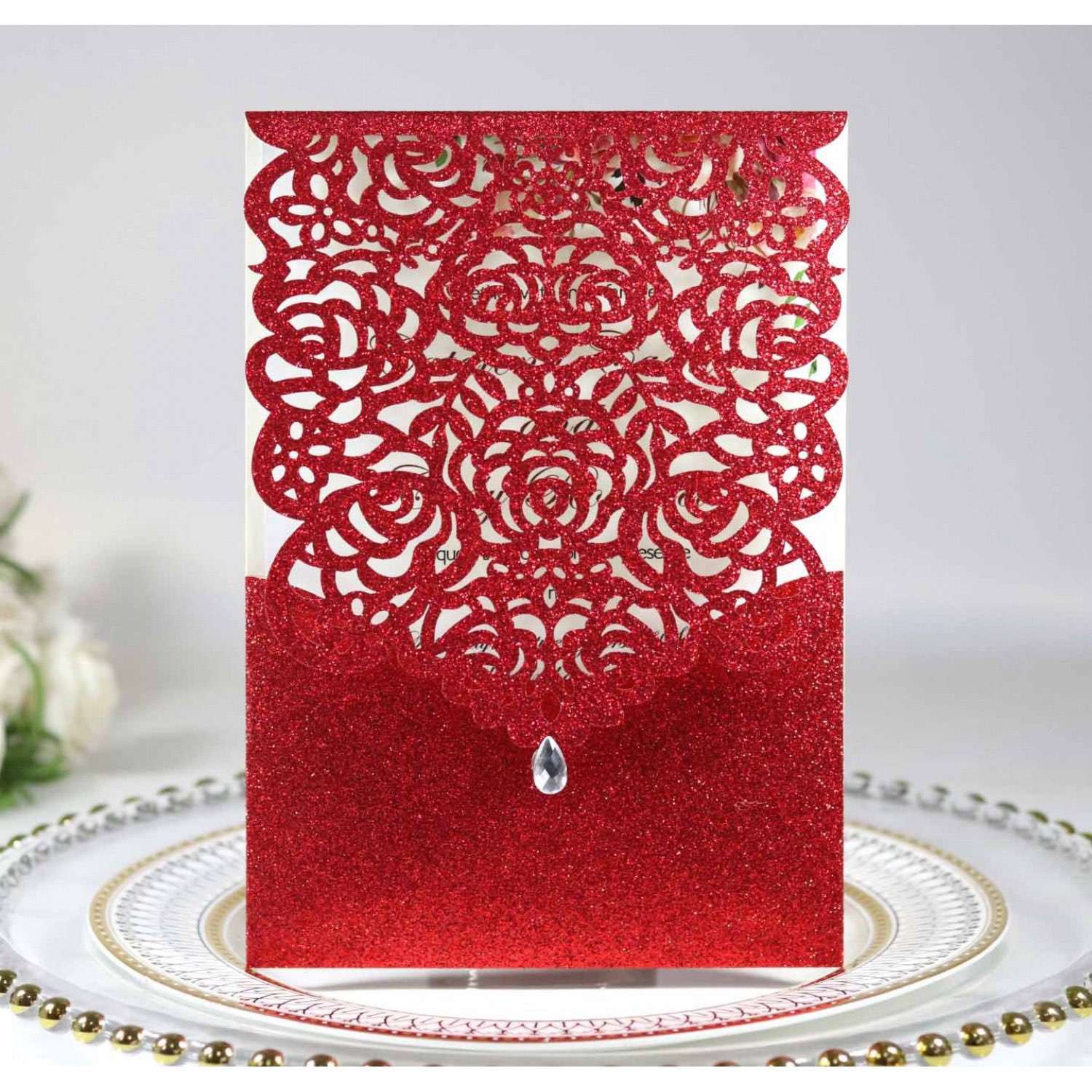 Pocket Invitation Card Elegant Invitation Glitter Invitation Laser Cut Paper